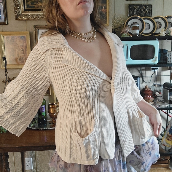 100% Cotton Heavy Knit Sweater Jacket | Cardigan | Ivory Colored | Bell Sleeves - Picture 6 of 11